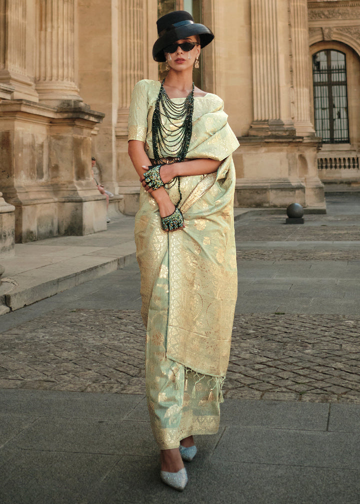 Tea Green Gota Zari Handloom Weaving Silk Saree