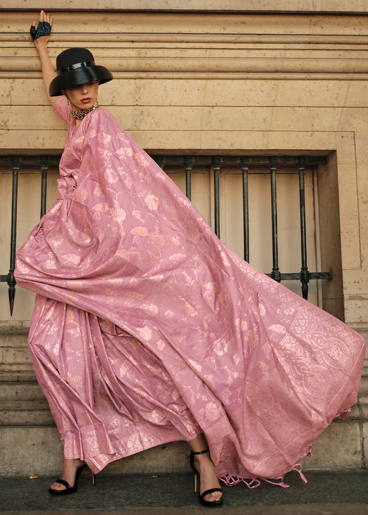 Carnation Pink Gota Zari Handloom Weaving Silk Saree