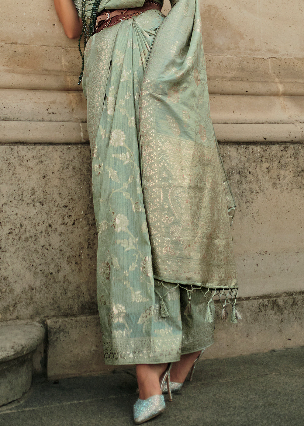 Fern Green Gota Zari Handloom Weaving Silk Saree