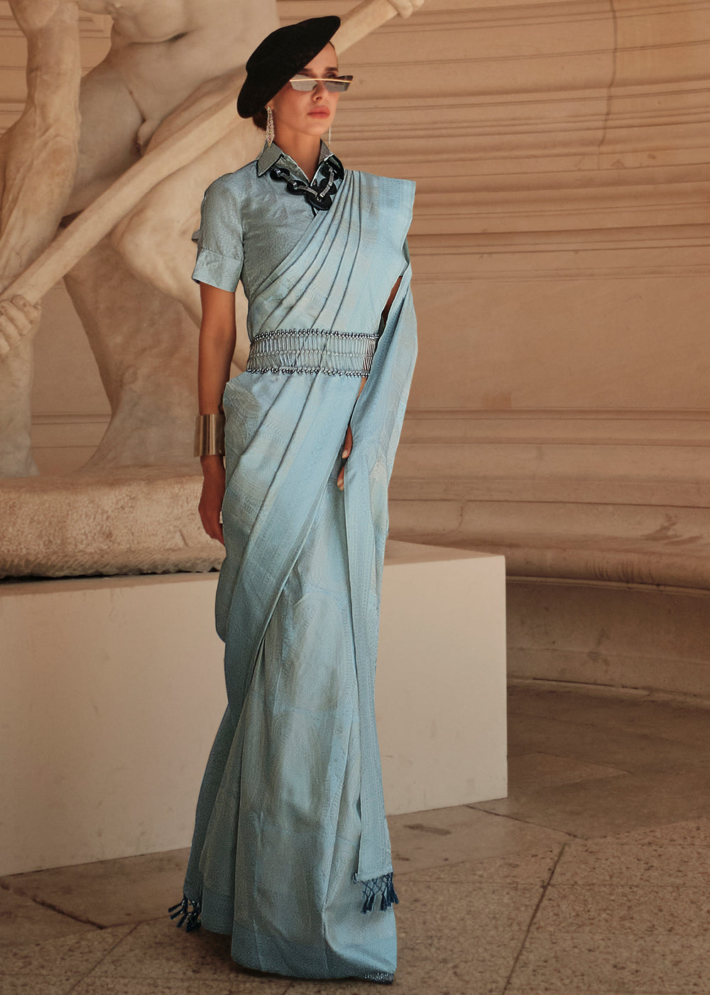 Blue & Silver Woven Satin Silk Saree