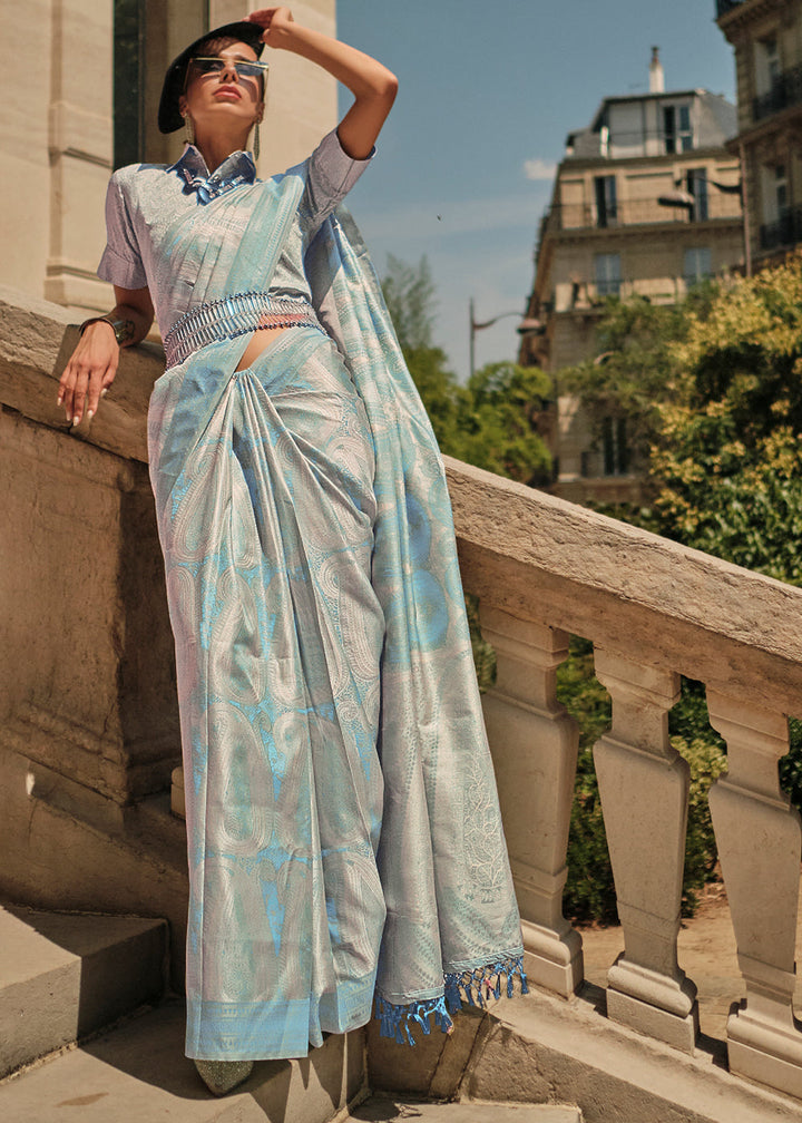 Blue & Silver Woven Satin Silk Saree