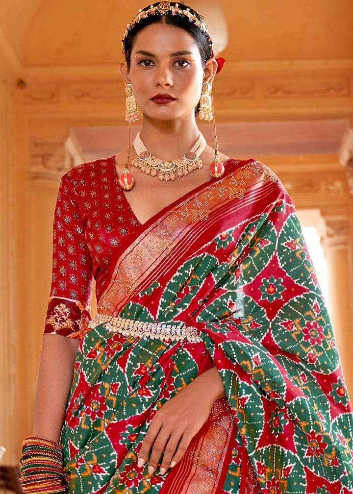Green & Red Printed Patola Silk Saree with Zari Border & Tassels on Pallu
