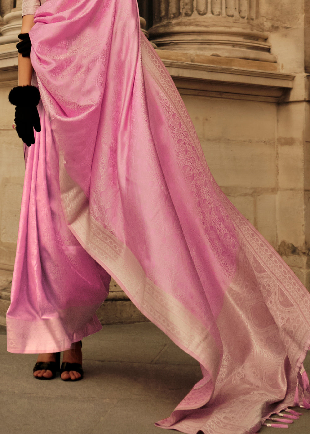 Rose Pink Handloom Woven Satin Silk Saree