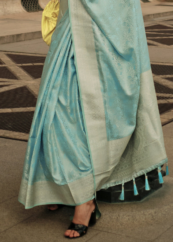 Baby Blue Handloom Woven Satin Silk Saree