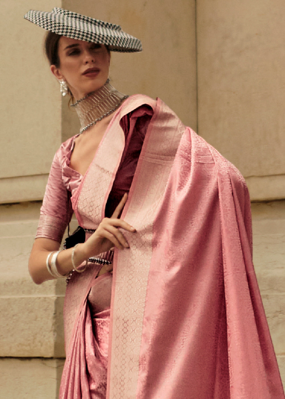 French Rose Pink Handloom Woven Satin Silk Saree