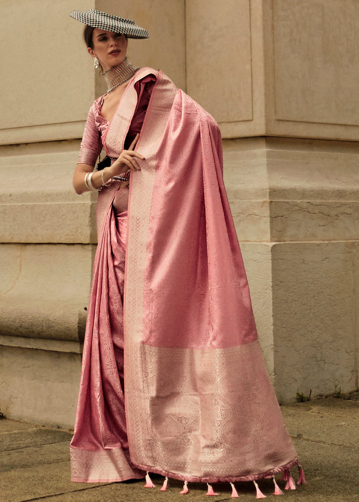 French Rose Pink Handloom Woven Satin Silk Saree