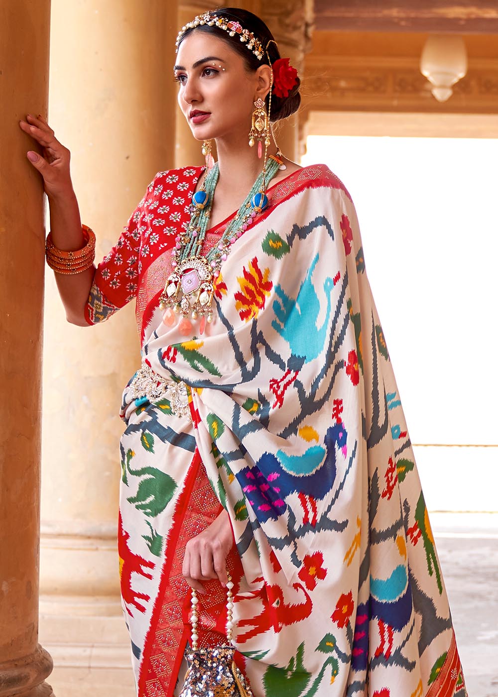 Daisy White Printed Patola Silk Saree with Zari Border & Tassels on Pallu: Top Pick