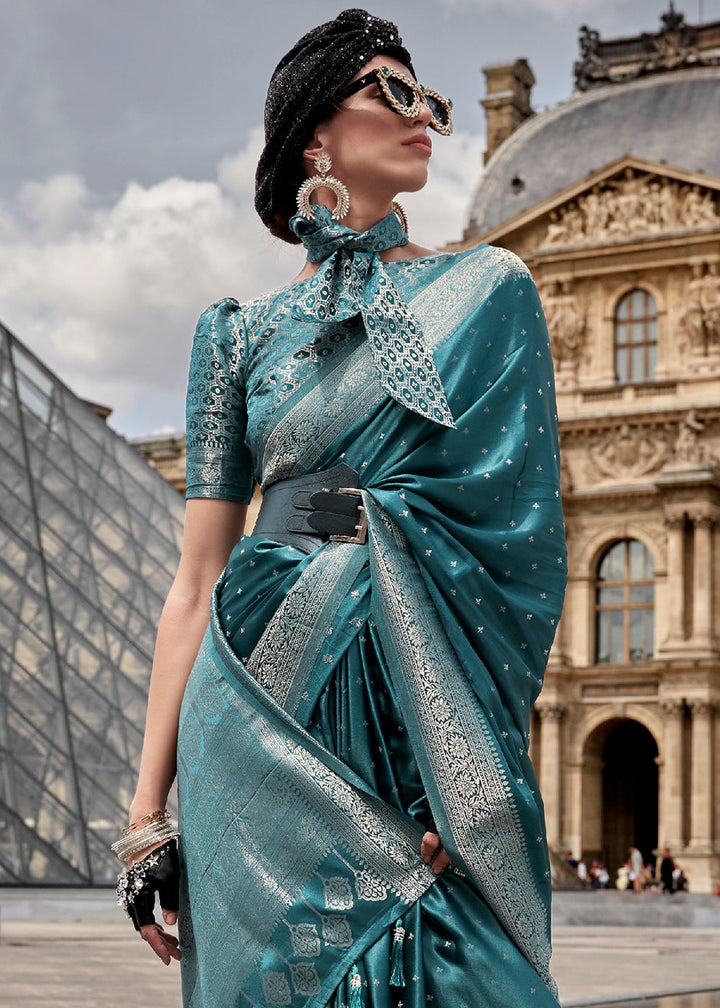 Celadon Blue Handloom Woven Satin Silk Saree