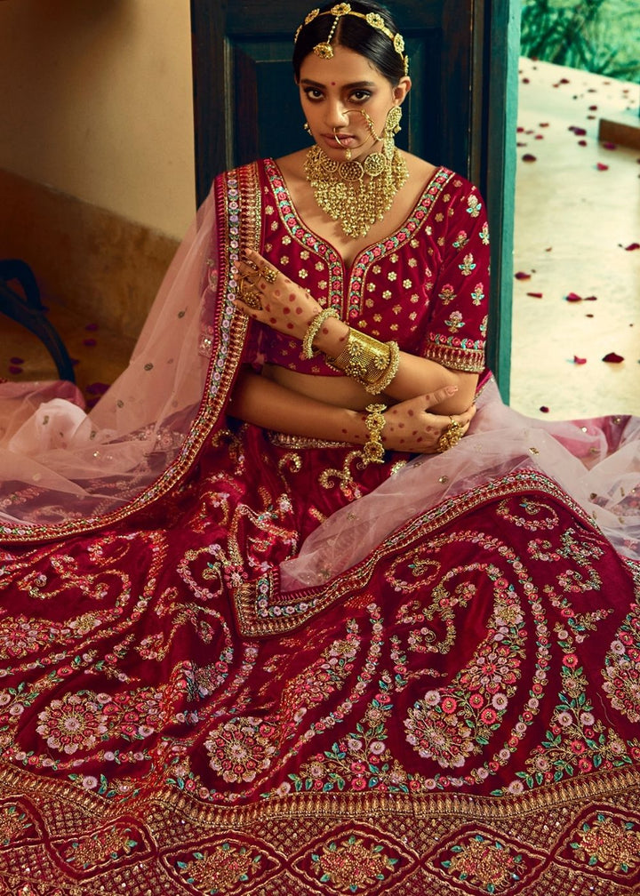 Berry Red Bridal Velvet Lehenga Choli with Embroidery & Hand work