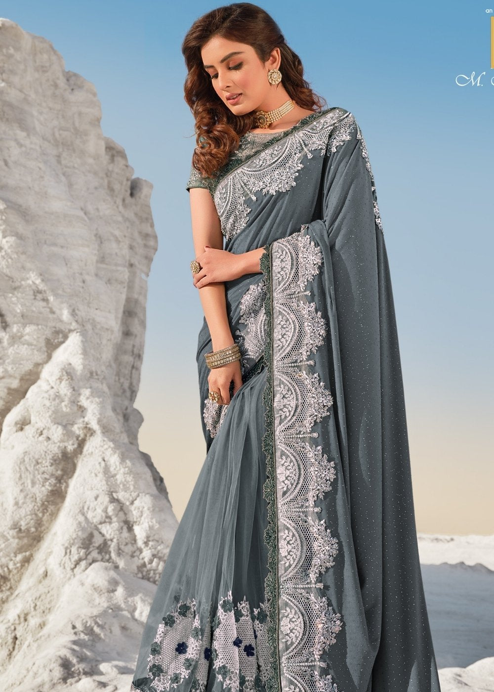 Fiord Grey Designer Net & Imported Fabric Saree with Hand-Made Flower, Jari & Diamond work"