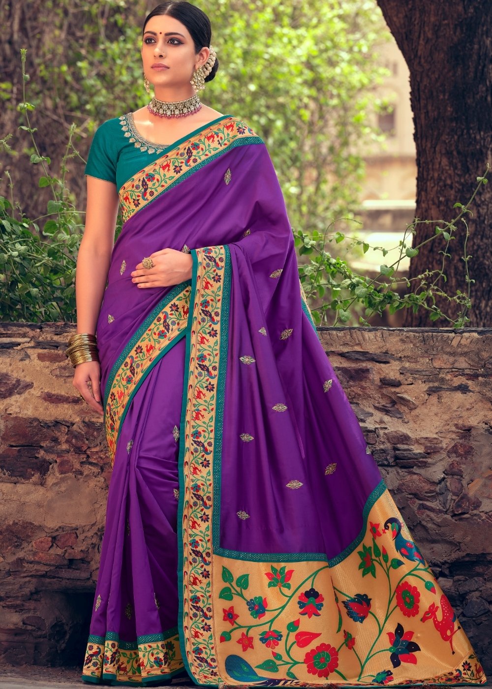 Grape Purple Woven Paithani Banarasi Silk Saree with Swarovski work & Embroidered Blouse