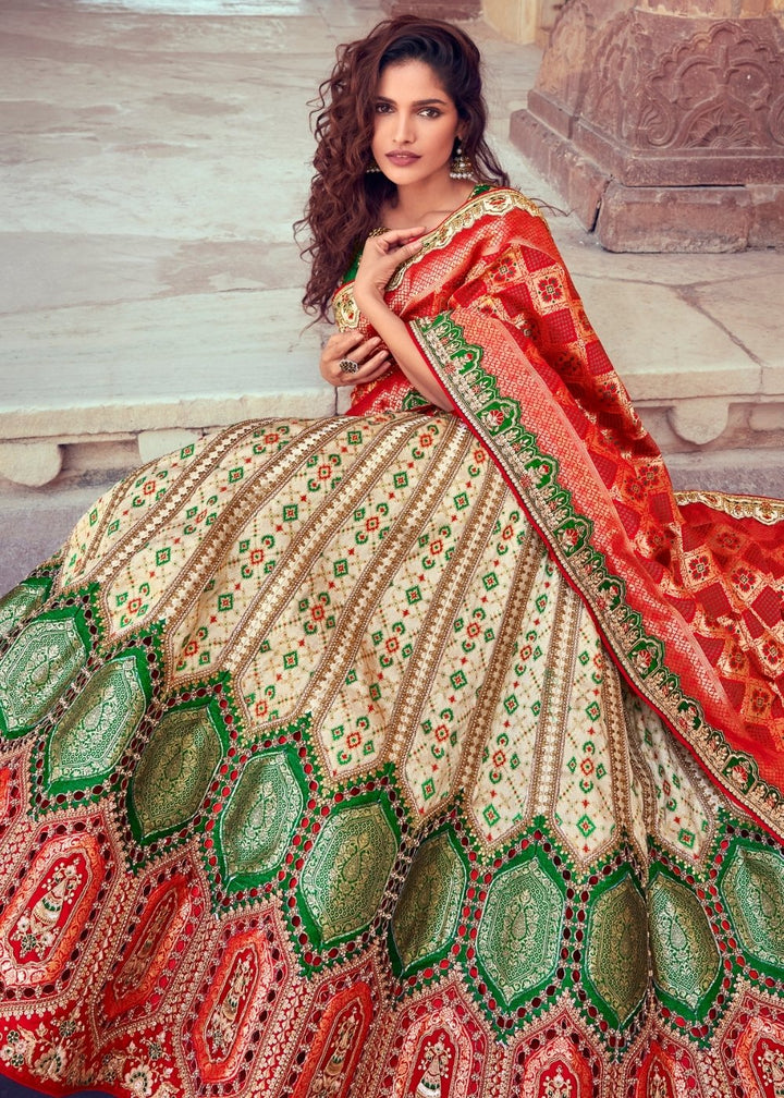 Cream White & Red Banarasi Silk Lehenga Choli with Khatli work Embroidery