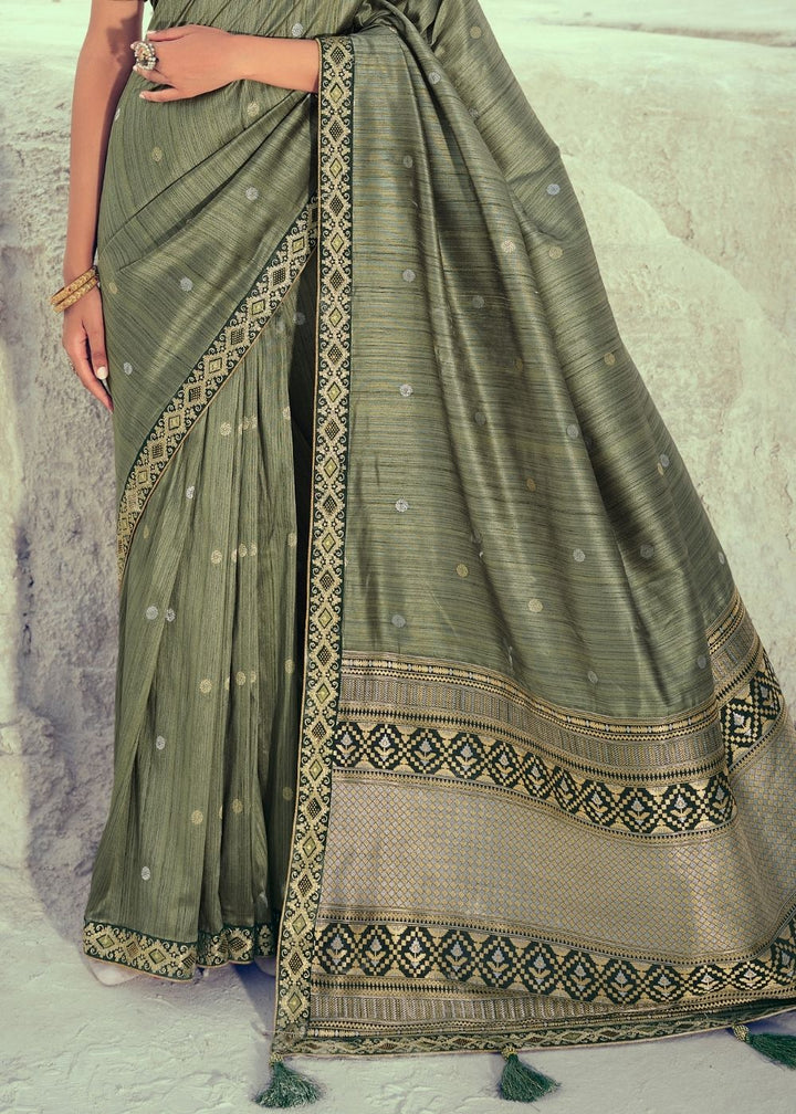 Asparagus Green Woven Banarasi Silk Saree with Embroidered Border & Swarovski work