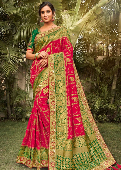 Ruby Pink and Green Banarasi Dola Silk Saree with Resham Embroidery, Zari and Moti work