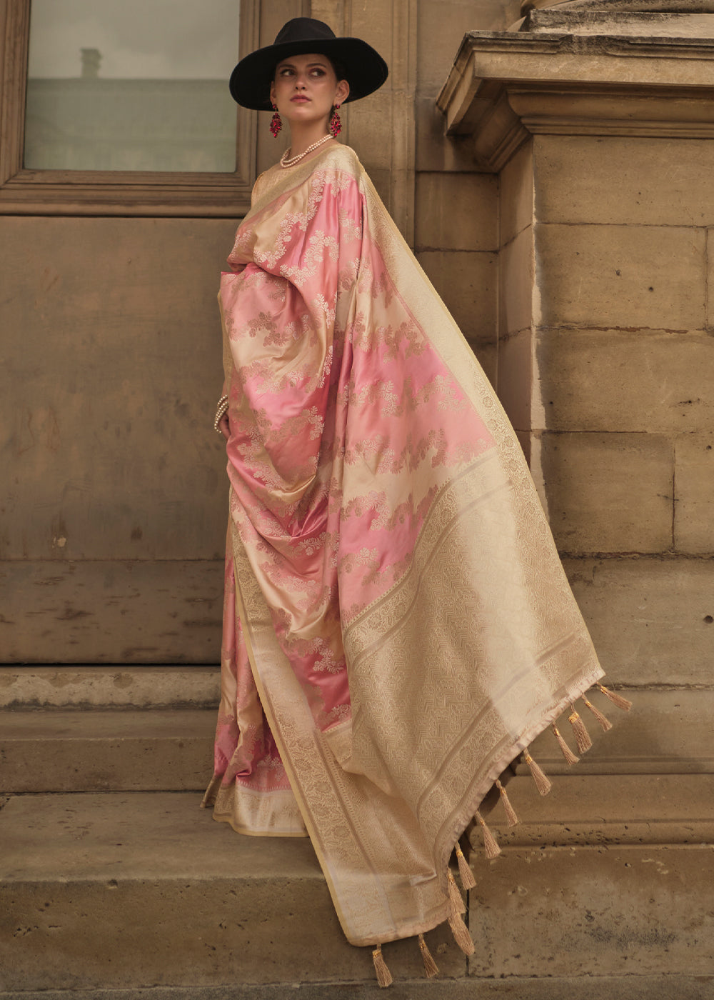 Pink & Brown Woven Rangkat Satin Silk Saree