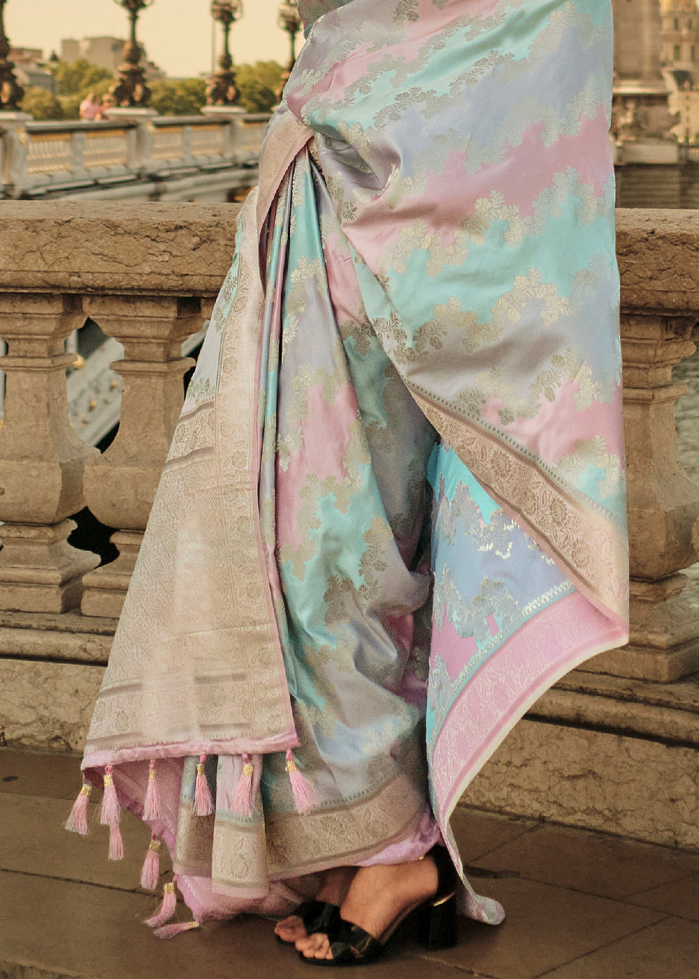 Blue & Pink Woven Rangkat Satin Silk Saree