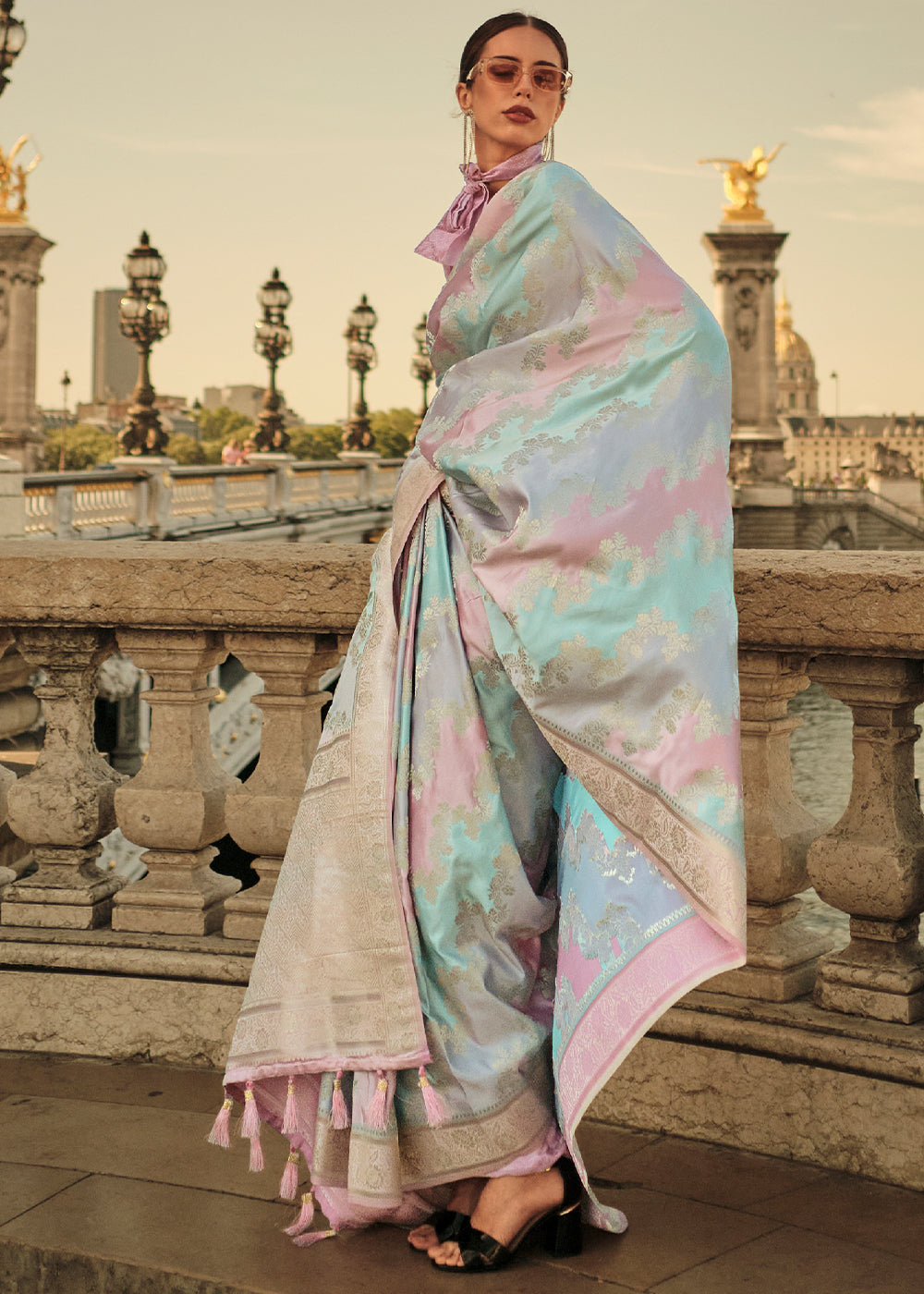Blue & Pink Woven Rangkat Satin Silk Saree