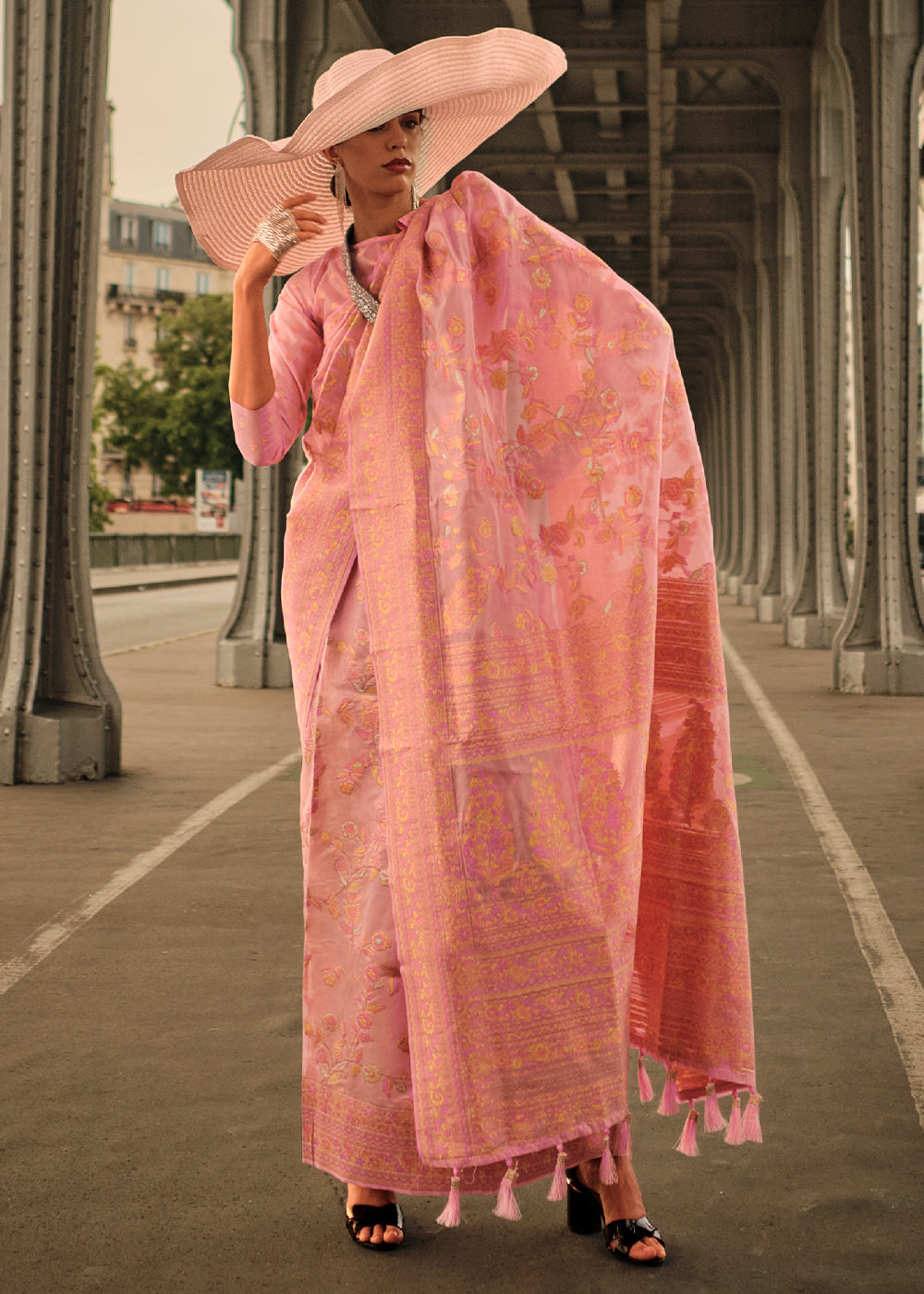 Peach Pink Woven Kashmiri Organza Silk Saree