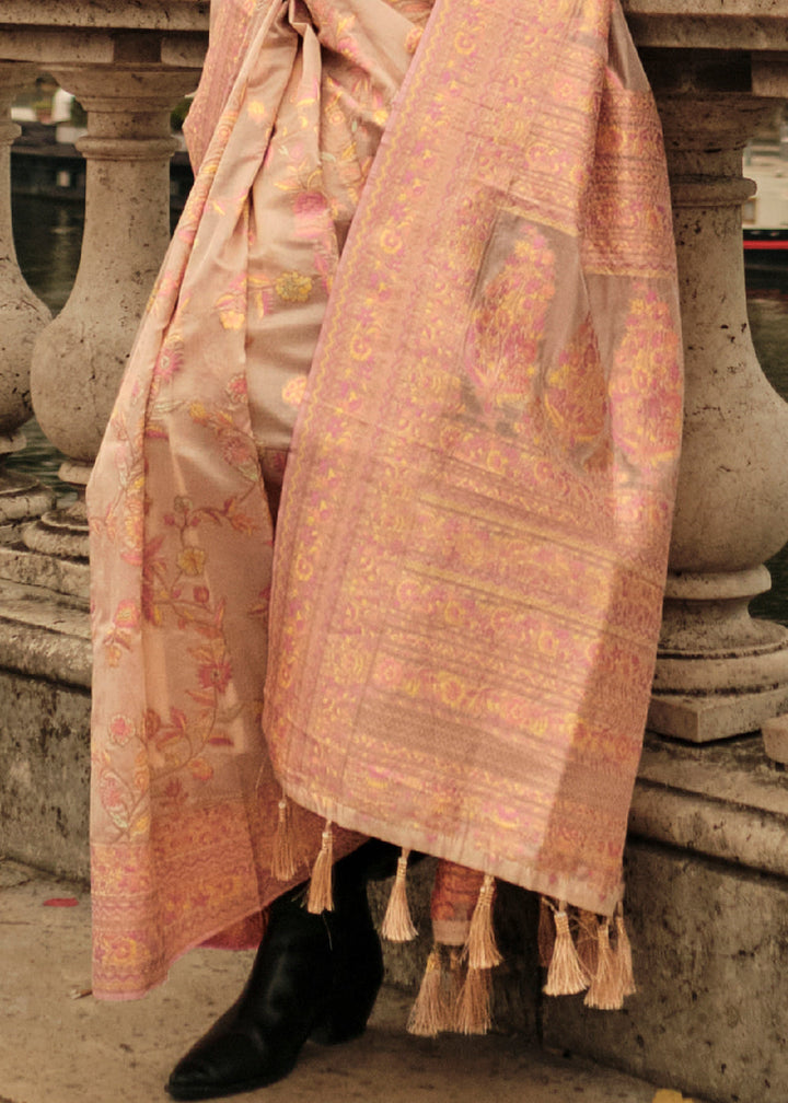 Light Brown & Pink Woven Kashmiri Organza Silk Saree