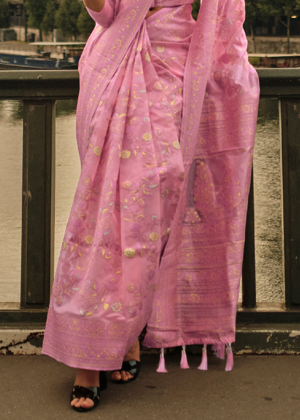 Neon Pink Woven Kashmiri Organza Silk Saree
