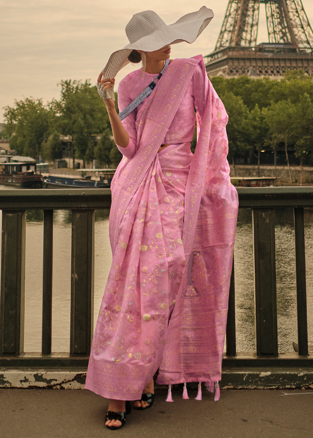 Neon Pink Woven Kashmiri Organza Silk Saree