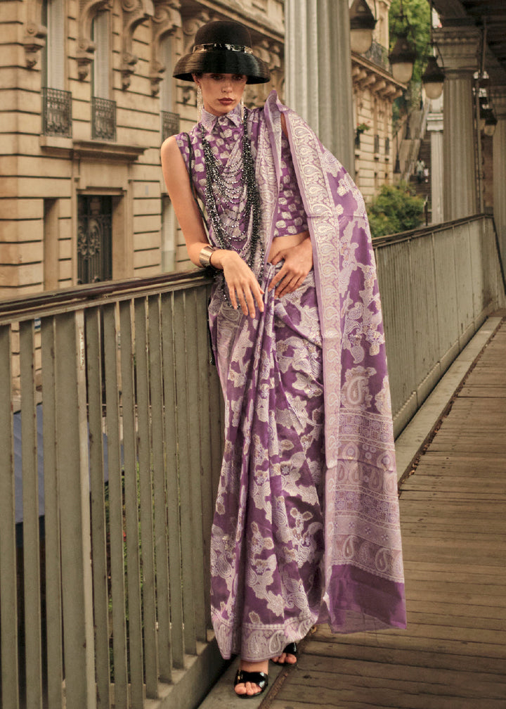 Midnight Purple Zari Handloom Woven Organza Silk Saree
