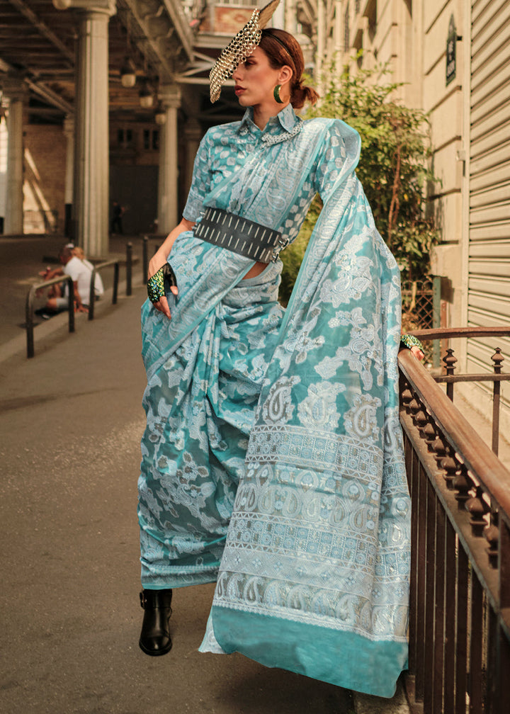 Shades Of Blue Zari Handloom Woven Organza Silk Saree