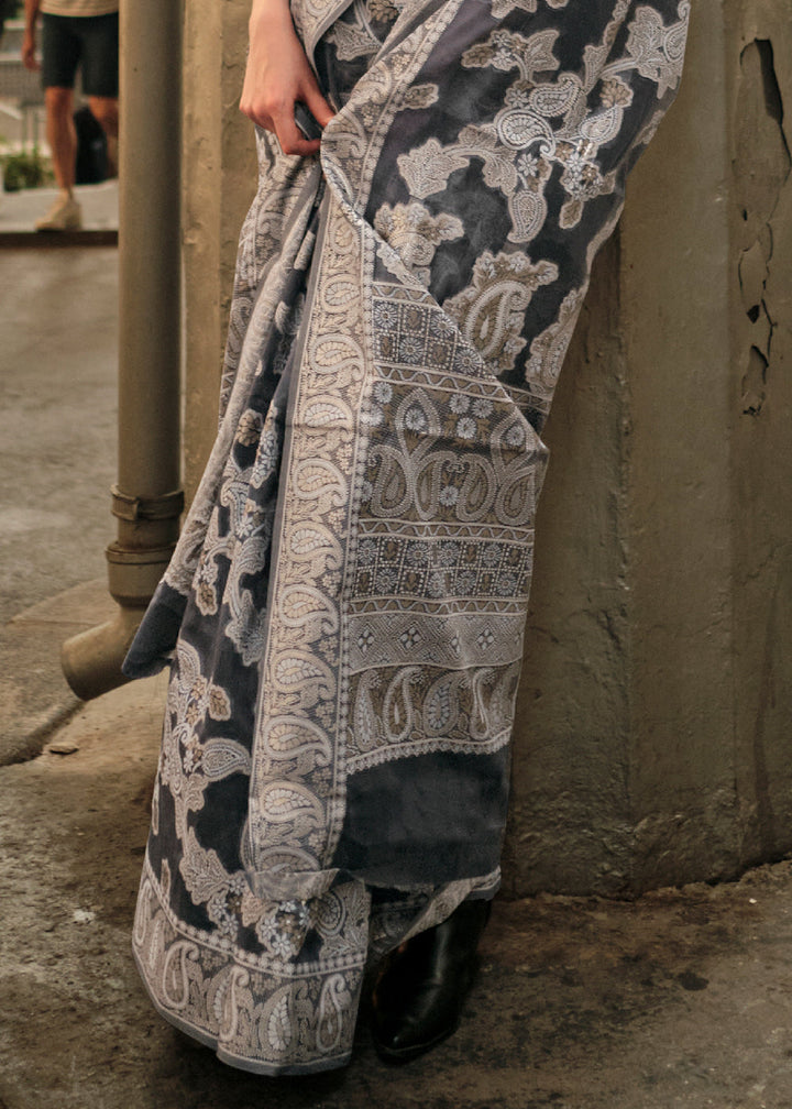 Anchor Grey Zari Handloom Woven Organza Silk Saree