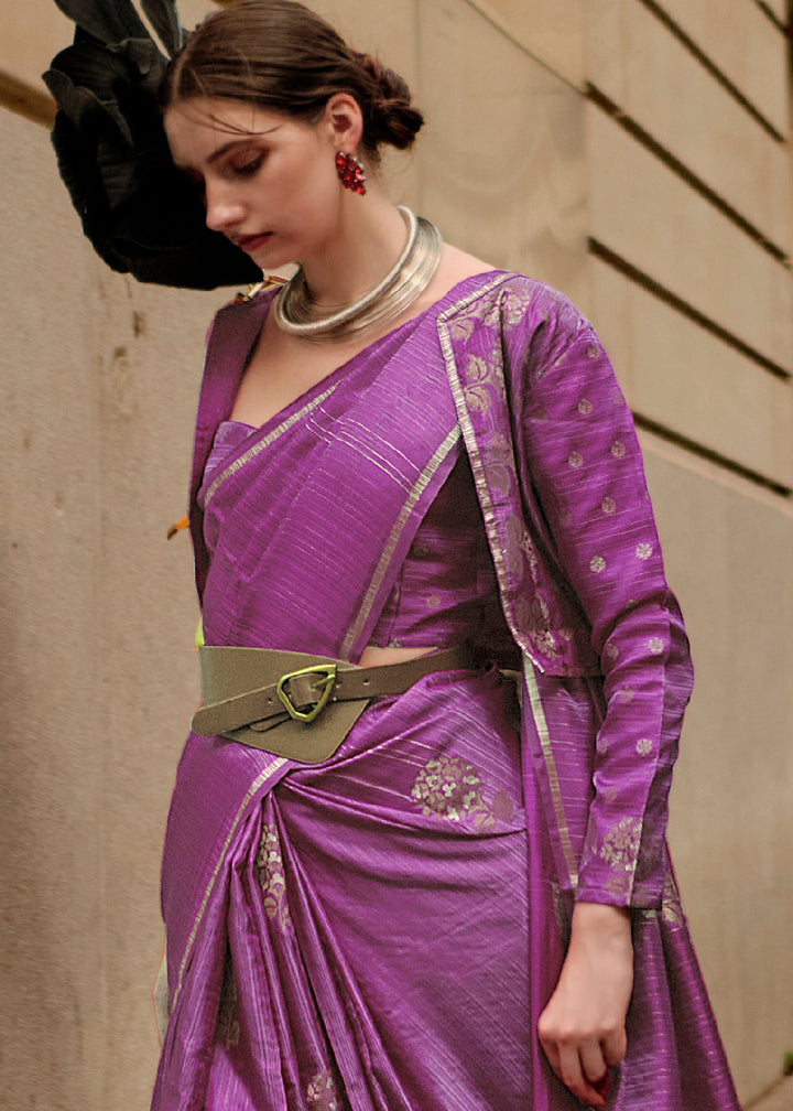 Neon Purple Zari Handloom Woven Satin Silk Saree