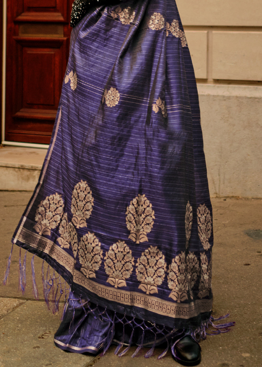 Indigo Purple Zari Handloom Woven Satin Silk Saree