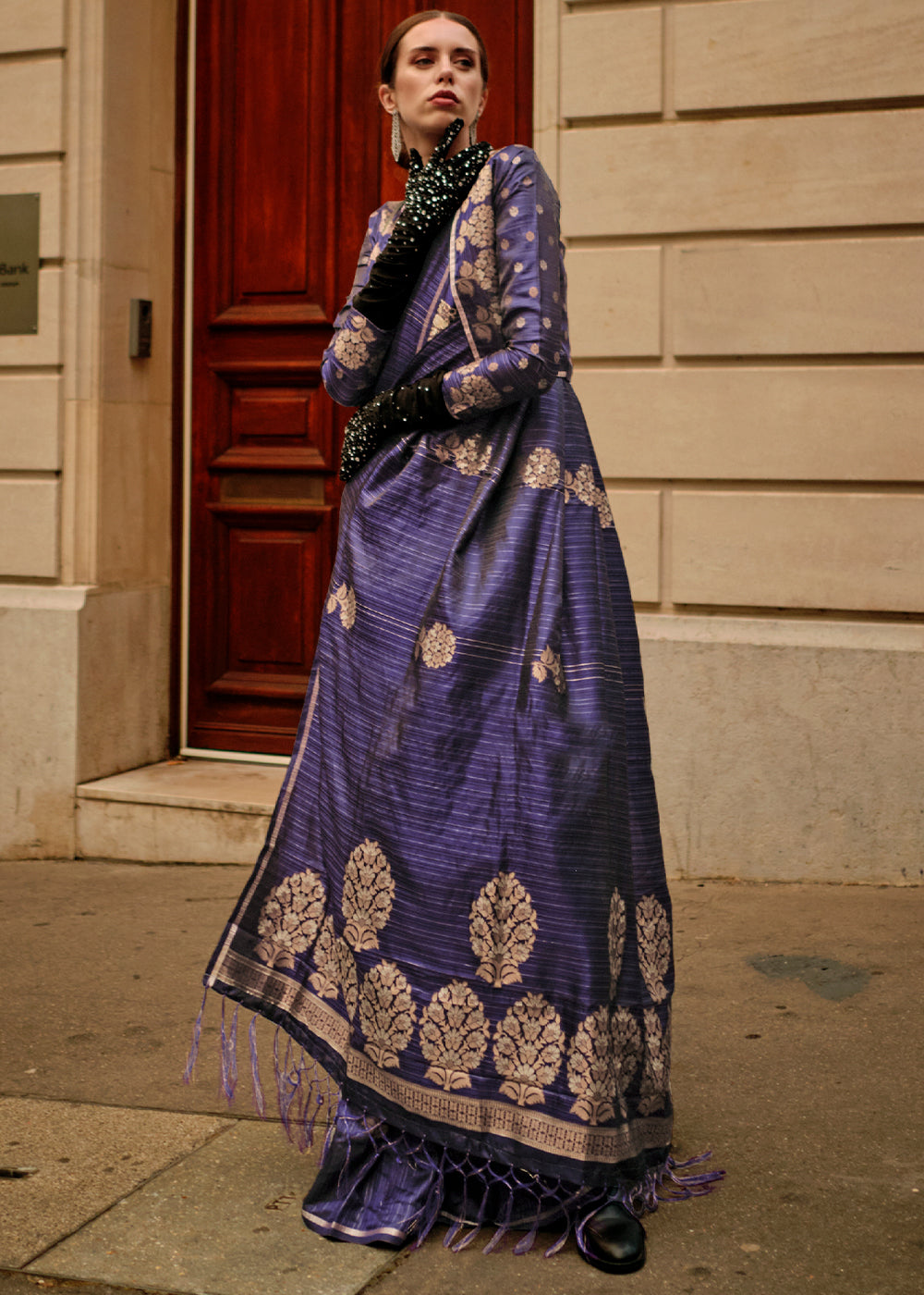 Indigo Purple Zari Handloom Woven Satin Silk Saree