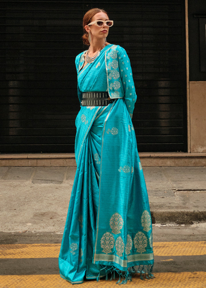 Cerulean Blue Zari Handloom Woven Satin Silk Saree
