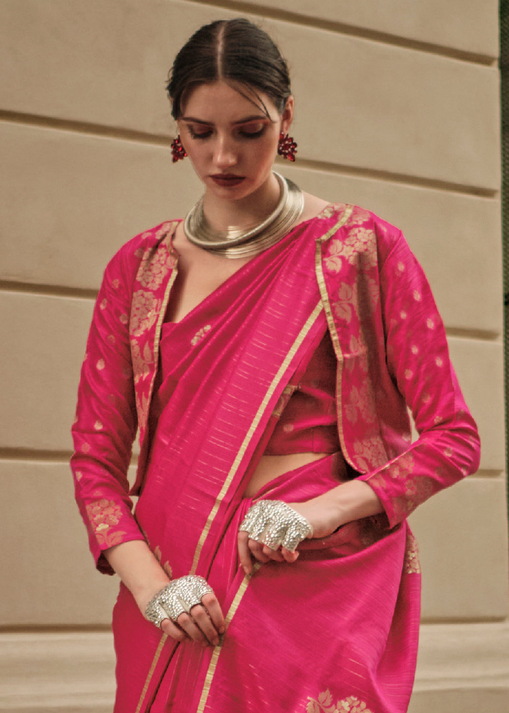 Cerise Pink Zari Handloom Woven Satin Silk Saree