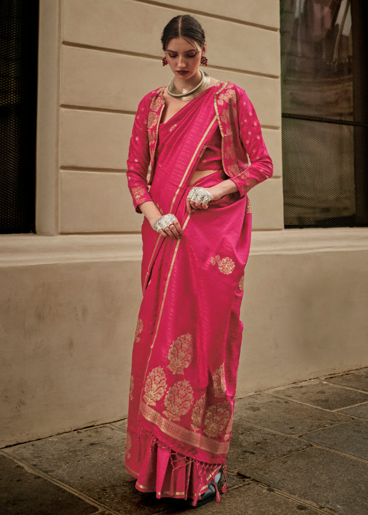 Cerise Pink Zari Handloom Woven Satin Silk Saree