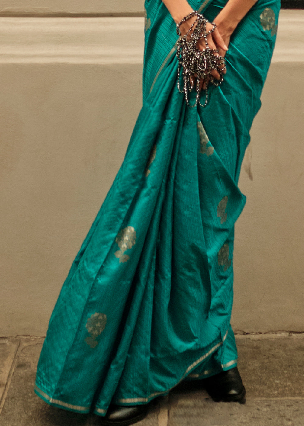 Dark Cyan Green Zari Handloom Woven Satin Silk Saree