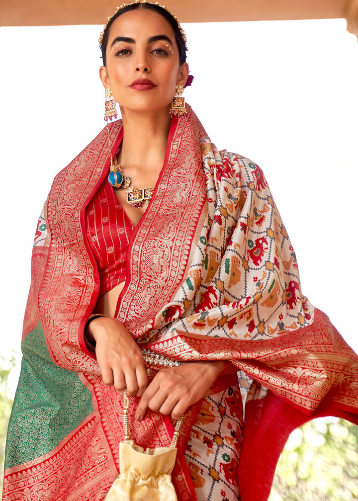 Pearl White Printed Patola Silk Saree with Zari Border & Tassels on Pallu(Pre-Order)
