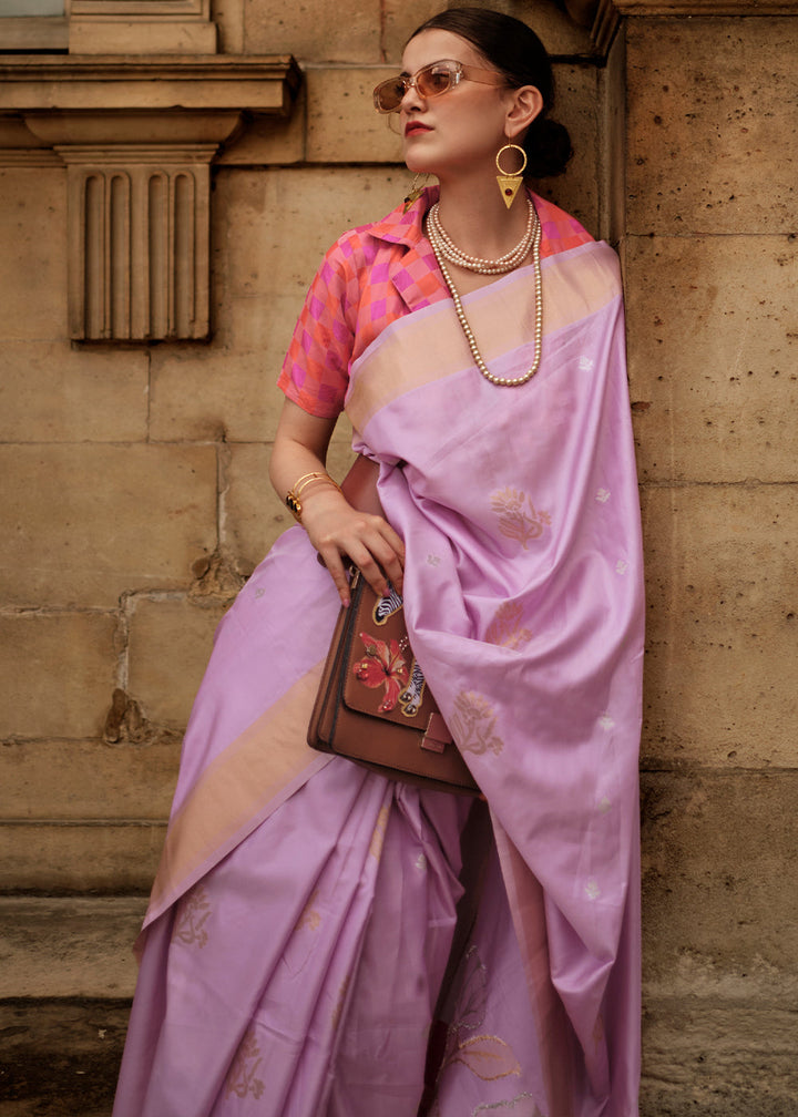 Lilac Purple Zari Handloom Woven Soft Silk Saree
