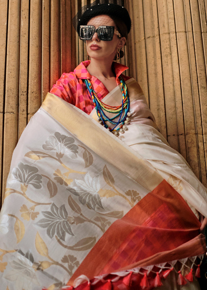 Pearl White Zari Handloom Woven Soft Silk Saree