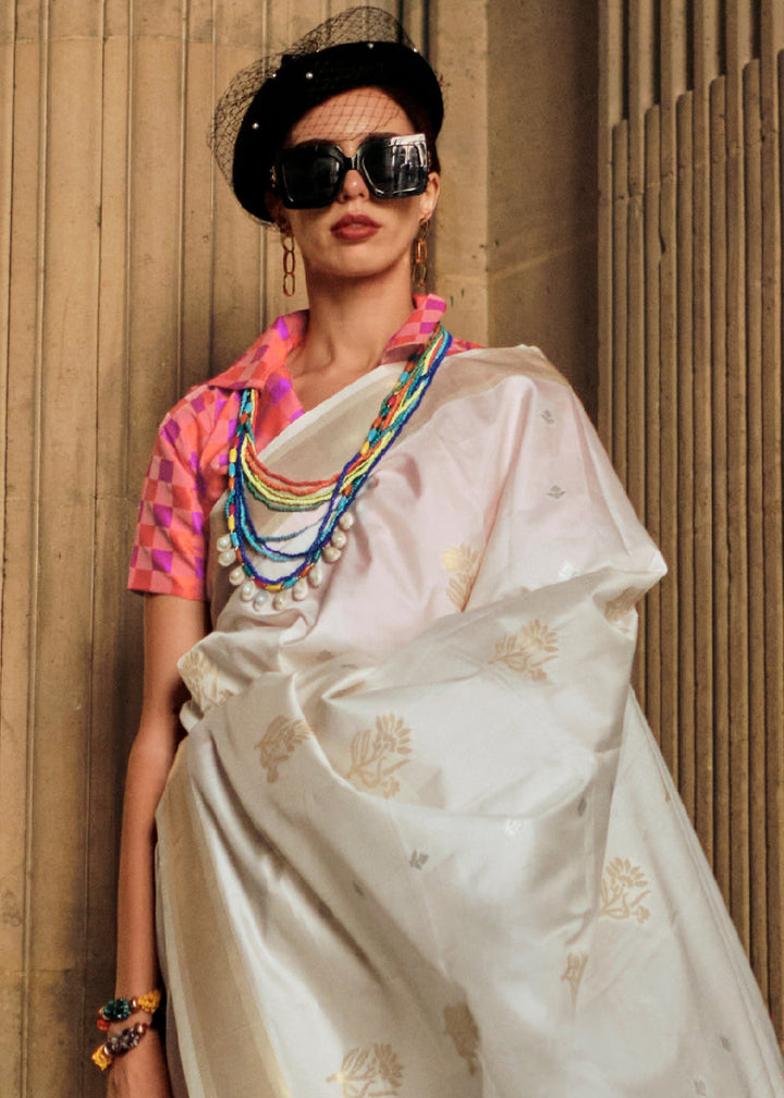 Pearl White Zari Handloom Woven Soft Silk Saree