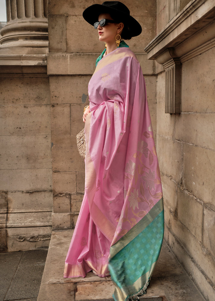 Taffy Pink Zari Handloom Woven Soft Silk Saree