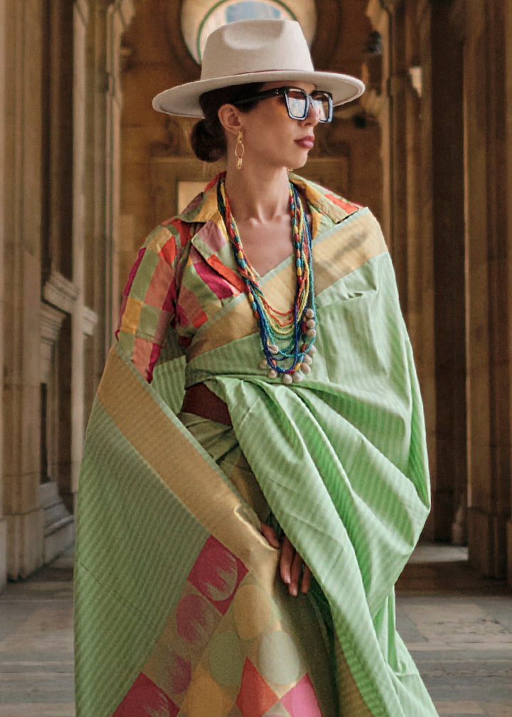 Light Green Zari Handloom Woven Soft Silk Saree