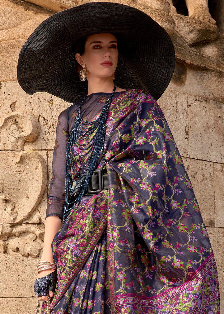 Blue & Pink Parsi Handloom Woven Organza Silk Saree