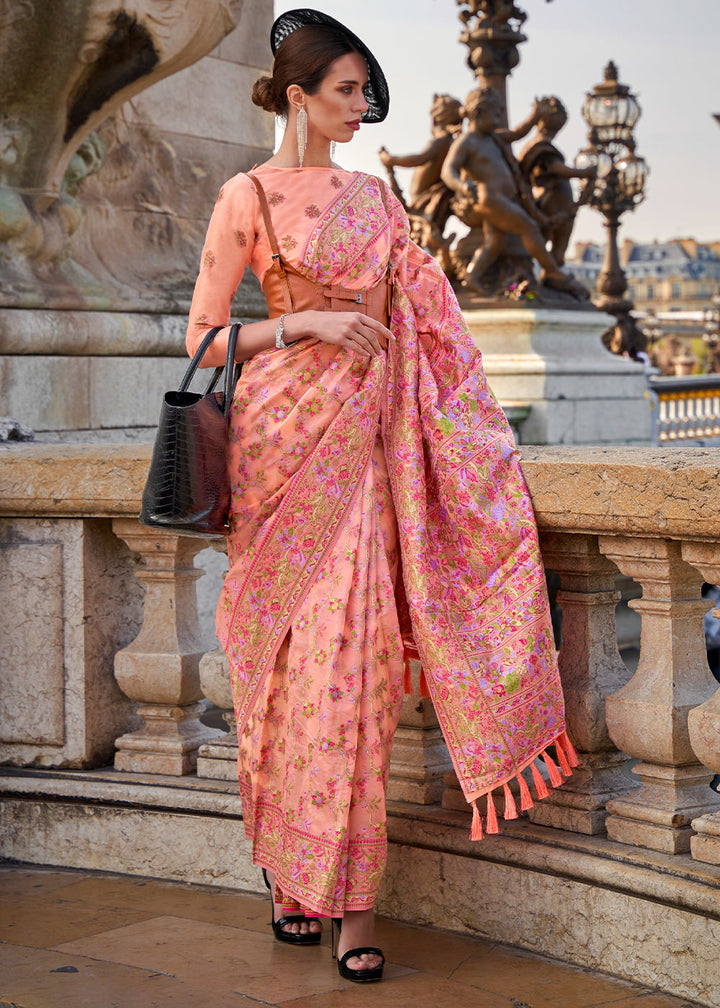Peach Pink Parsi Handloom Woven Organza Silk Saree