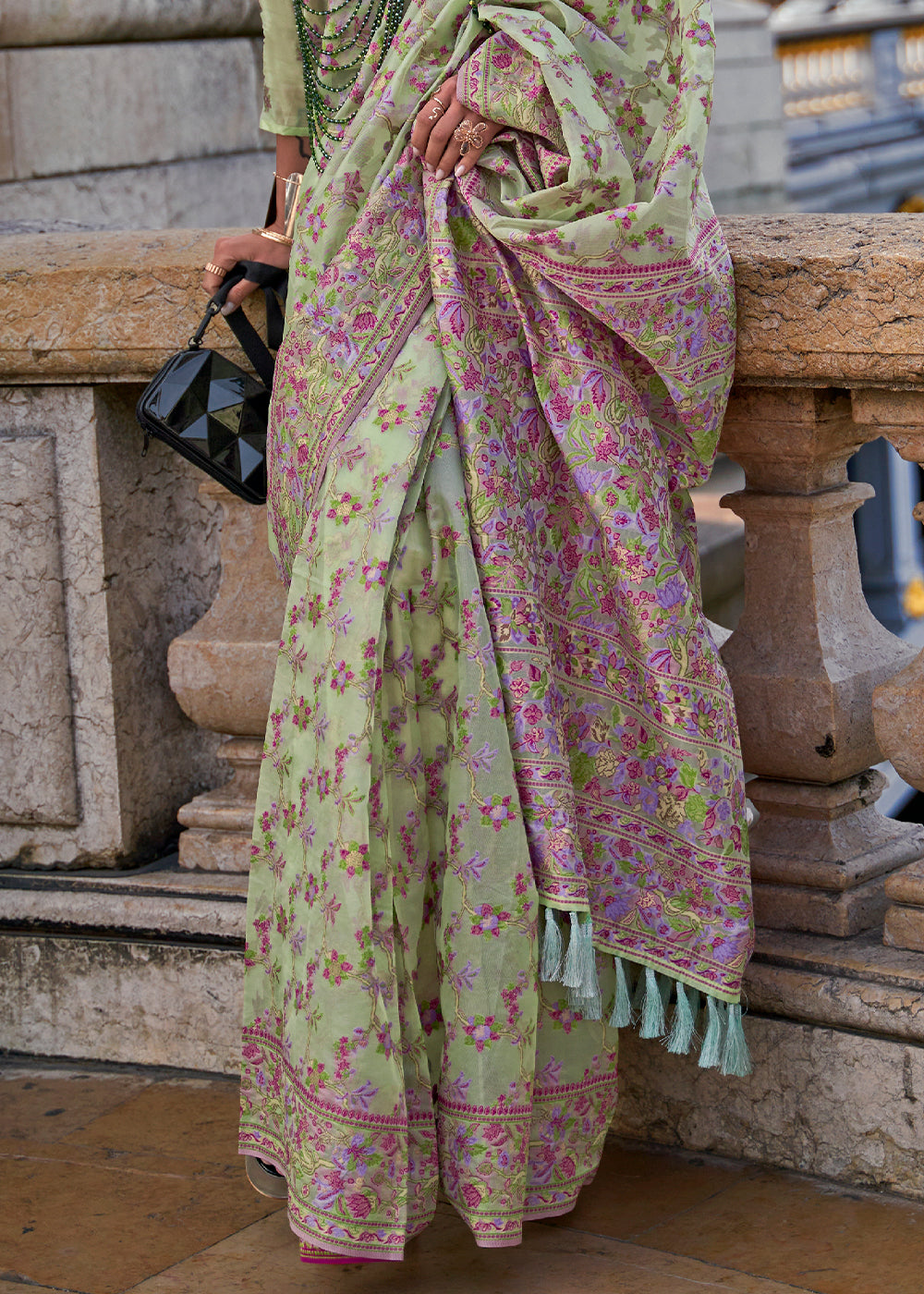 Pastel Green Parsi Handloom Woven Organza Silk Saree