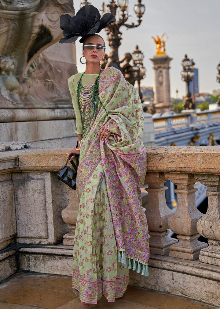 Pastel Green Parsi Handloom Woven Organza Silk Saree