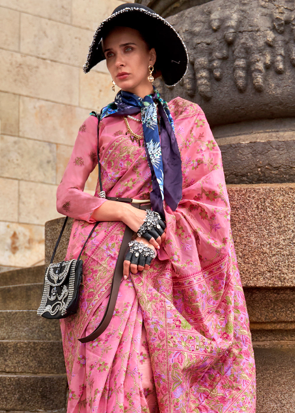Neon Pink Parsi Handloom Woven Organza Silk Saree