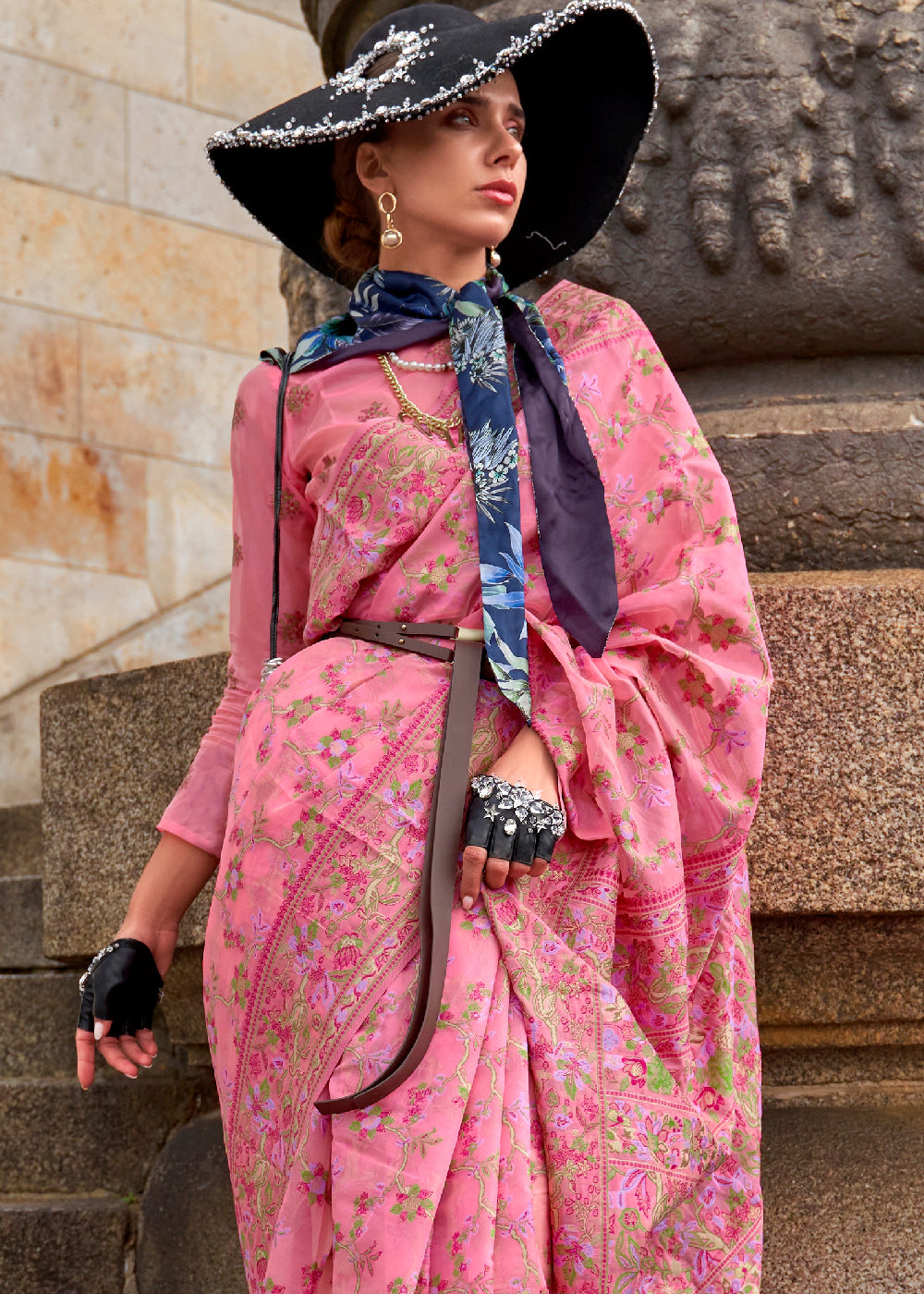 Neon Pink Parsi Handloom Woven Organza Silk Saree