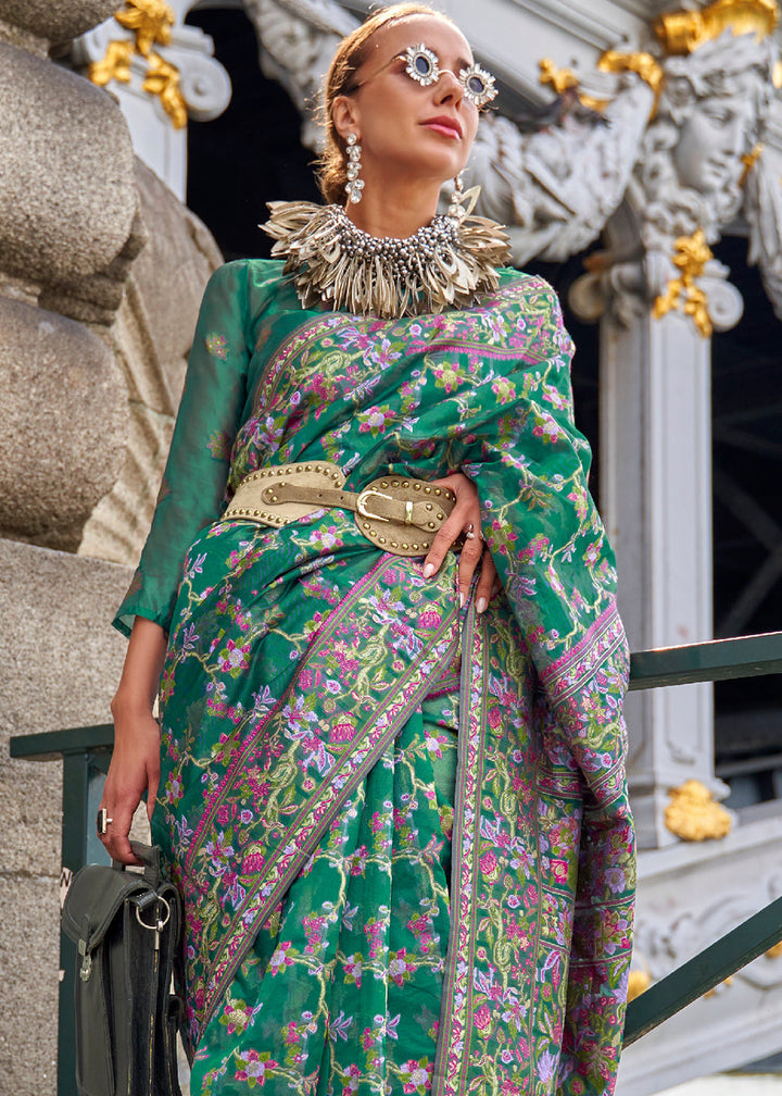 Greasy Green Parsi Handloom Woven Organza Silk Saree