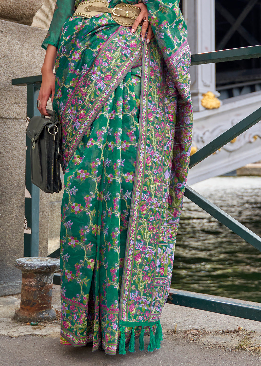 Greasy Green Parsi Handloom Woven Organza Silk Saree