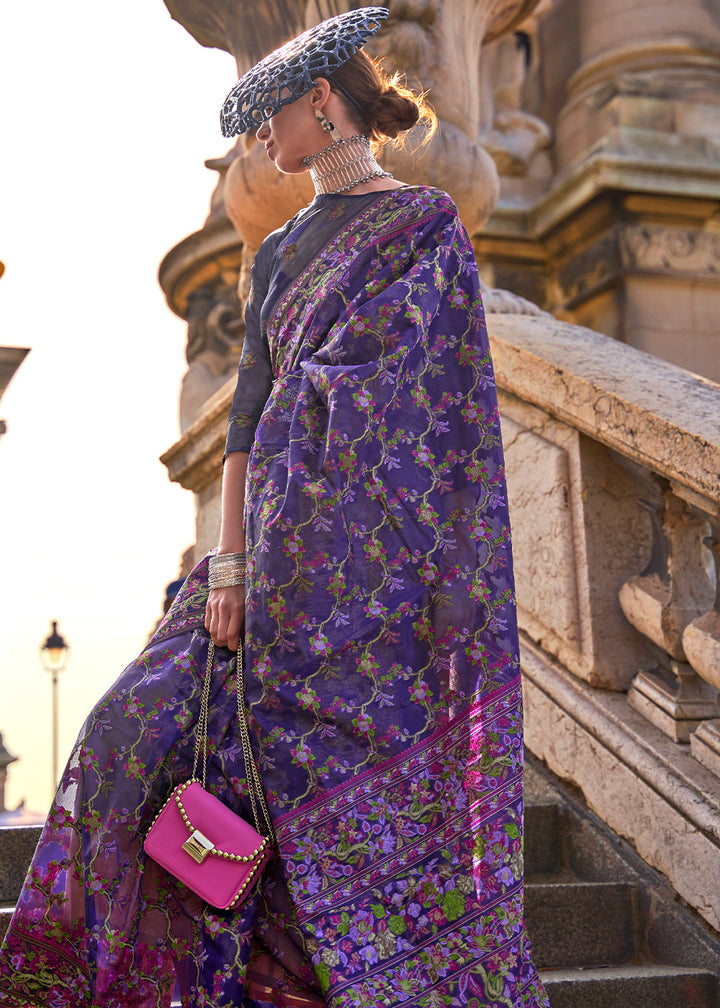 Indigo Purple Parsi Handloom Woven Organza Silk Saree